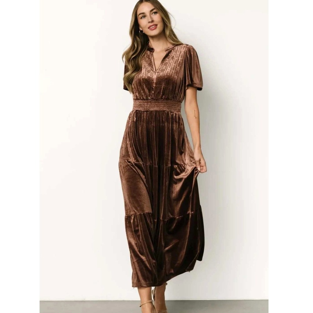 Baltic Born Maida Embroidered Velvet Maxi Dress Women M Brown Boho Cottagecore